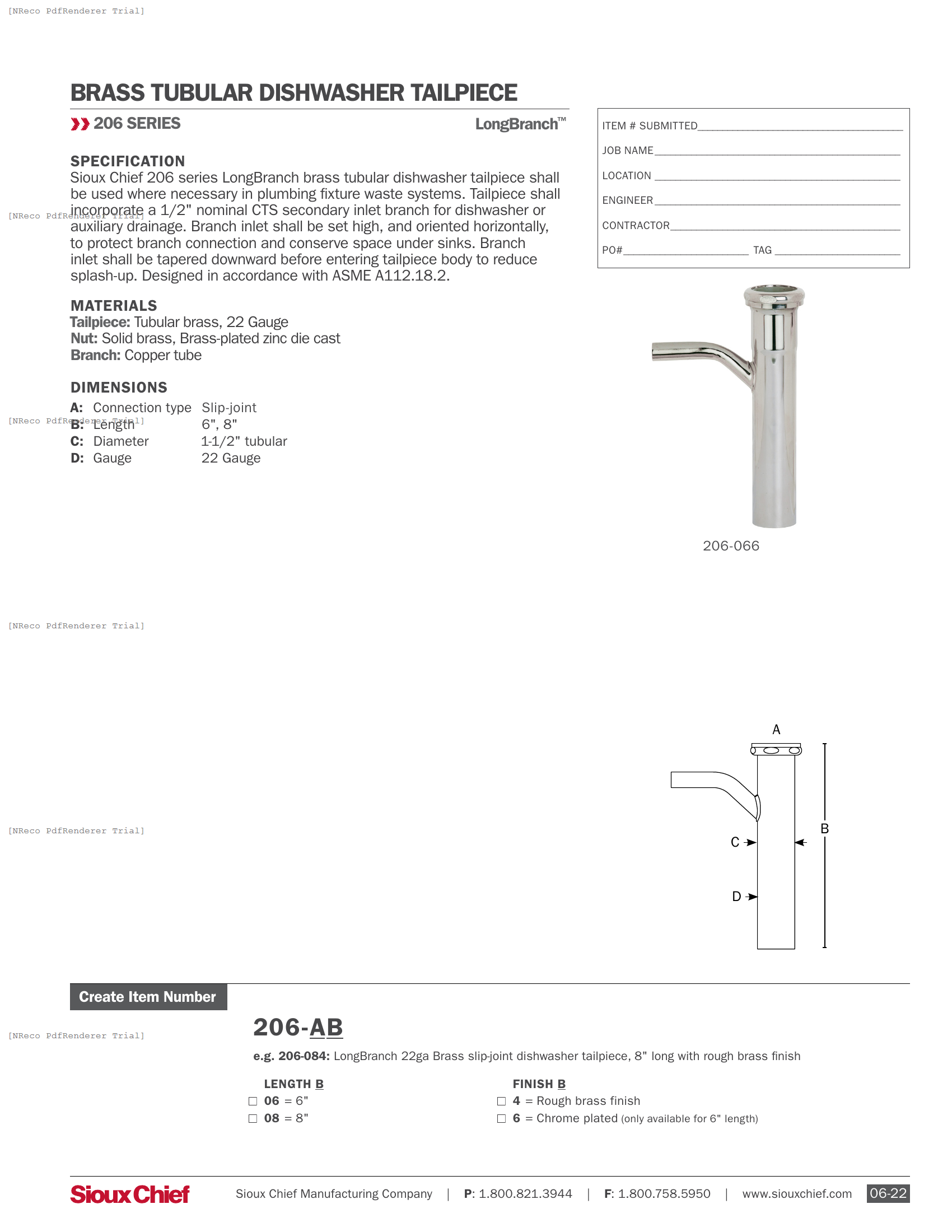 206 SERIES - LONGBRANCH SLIP-JOINT DISHWASHER TAILPIECE - SPEC SHEET.PDF Specification Document